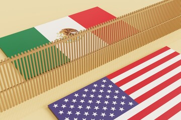 Fototapeta na wymiar America-Mexico Border Barrier with Flags