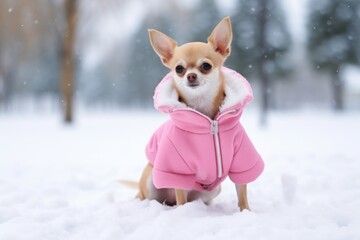Cute fashionable purebred Chihuahua dog dressed in stylish pink jacket on a walk in winter park, sitting in white snow. Pedigreed dog. With copy space. for poster, banner, card, advertising