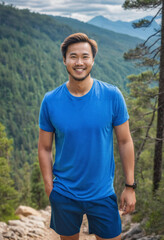 Fototapeta premium Man outdoors wearing a blue tee shirt