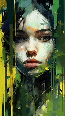 Liquid Oil Painting in Oil Mixed Style Green and Black Brush Stroke of Beautiful Young Girl Face Vibrant Abstract Art