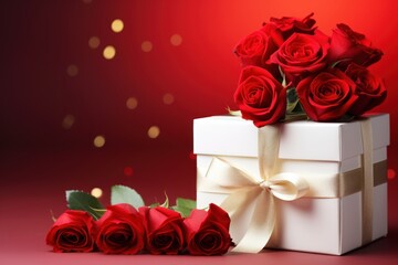 White gift box with ribbon, bow, bouquet of red roses. On red bokeh background. With copy space for text. Mockup, template for greeting card, poster, banner. Valentine's Day. Love Day. Birthday.