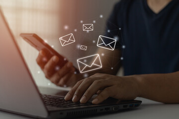 email marketing and correspondence communication technology concept. Corporate send letter invitation, social media. Business people using laptop PC, mobile phone with mail icon, open digital message.