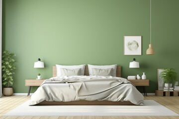 Minimalist bedroom with window, double bed, bedside tables, green wall, paintings. 3D render of bedroom. Generative AI