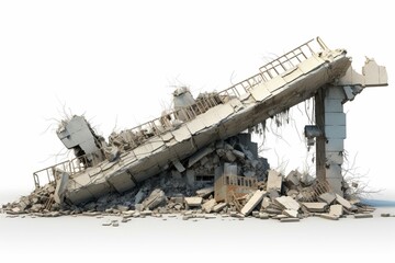 Wreckage of a building on white background. Debris includes concrete, steel reinforcement, and cement shards. Collapse concept. Space bar. Generative AI