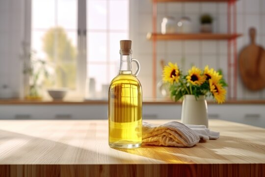 Clear glass bottle with golden sunflower or olive oil on a table with a blurred kitchen background and a vase of sunflowers. Healthy unrefined cold-pressed oil. Mockup. With copy space for text.
