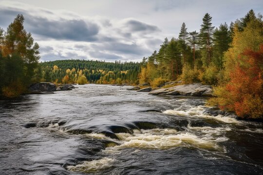 River flowing through Sweden in September. Generative AI