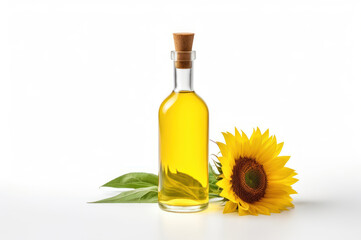 Sunflower oil. Glass bottle of yellow oil with wooden cork. Sunflower flowers nearby. Isolated on white background. With copy space. Organic eco farm product. Cold pressed oil. For advertising labels