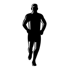 Retro style illustration of a male marathon runner running front view on isolated background done in black and white.
