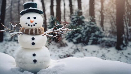 Fototapeta premium Christmas decoration with a traditional snowman. Cheerful snowman in the snow. Cute snowman in the winter forest. Merry Cristmas. Happy Holidays. Happy New Year. Generative AI