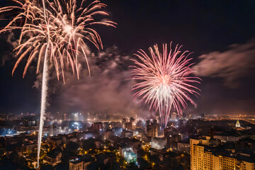 Naklejka premium Fireworks celebrate the New Year over the city
