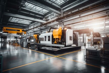 A contemporary factory with advanced CNC milling machines, featuring a well-lit, organized production facility. Embracing the concept of Industry 4.0. Generative AI - obrazy, fototapety, plakaty