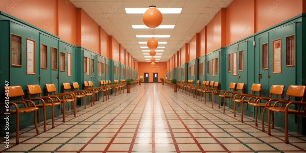 Sticker A long hallway with orange walls and chairs. AI.