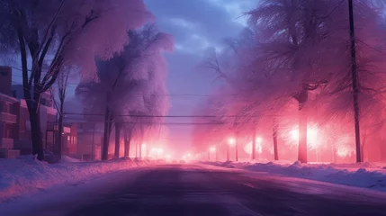 Foto op Plexiglas A snow-cleared street during winter, illuminated by pink lights from street lamps © Artur