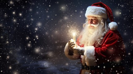 Santa Claus holding a lit candle during the winter season