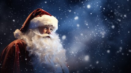 Santa Claus against the background of the starry night sky and falling snow. Wallpaper.