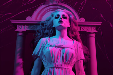 Ethereal woman in gothic neon vaporwave ambiance