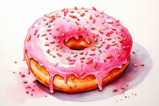 Watercolor painting of a baked donut with a pink glaze and sprinkles. Generative AI