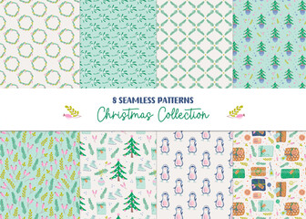 Set of cute Christmas backgrounds. Seamless patterns with Winter holidays symbols, decorations, Christmas tree, penguins, plants. Naive art holiday prints. Digital paper. Vector illustration. 