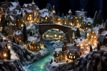 Twinkling lights on snow-covered miniature village with intricate houses by a serene river during a festive winter night