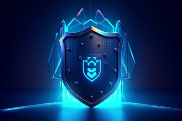 Abstract illustration of shield and padlock on dark blue background represents protect and security concept with digital technology. 3D rendering. Generative AI - obrazy, fototapety, plakaty