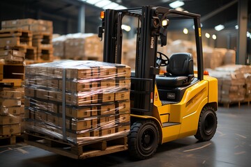 Yellow forklift works with cardboxes in the warehouse