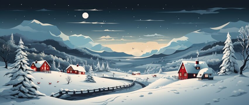 a winter scene with a small village in the background Generative AI