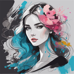 Beautiful girl with a flower in her hair. Beauty young woman portrait. Vector illustration.