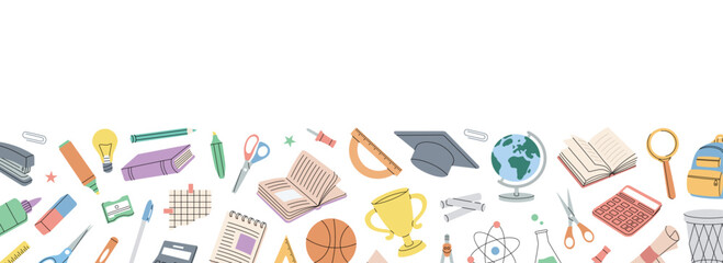 School accessories horizontal banner. Back to school. Diploma, notebook, microscope, test tube, pencil, paper clip, eraser, schoolbag, calculator.
