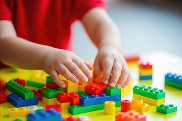 Close up of childs hands playing with colorful plastic cubes