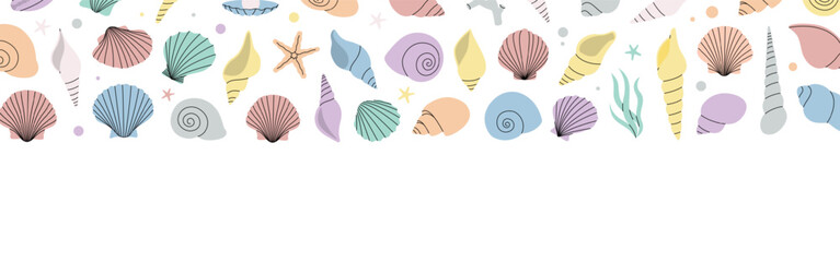 Sea shells banner. Tropical underwater shells horizontal background. Freshwater algae, corals, starfish, mollusks, scallop, pearls.