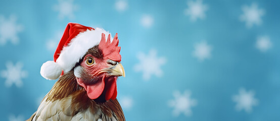 Rooster with Santa Claus hat at Christmas and snowflakes falling on a blue background.