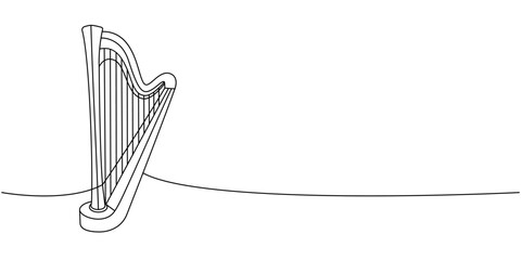 Lyre, wooden harp, string instrument one line continuous drawing. Musical instruments continuous one line illustration. Vector minimalist illustration