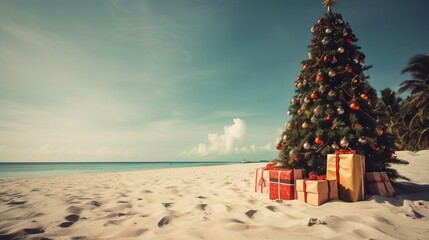 Decorated Christmas tree on sandy beach. Christmas tree on a beautiful white sandy beach paradise in the summer - obrazy, fototapety, plakaty