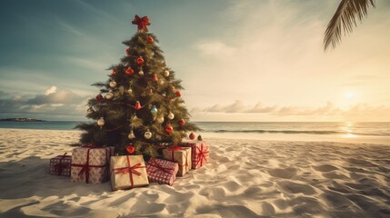 Decorated Christmas tree on sandy beach. Christmas tree on a beautiful white sandy beach paradise in the summer - obrazy, fototapety, plakaty