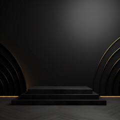 The 3D background products are a geometric platform in black. mockup