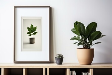 Black-frame poster with green plant and vase on bookshelf or desk. White colors. Generative AI