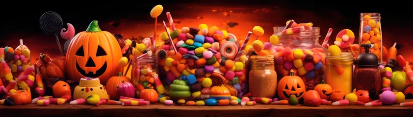 Fotobehang Bright illustration of candies on a colorful Halloween-style background. Generative AI © keks20034
