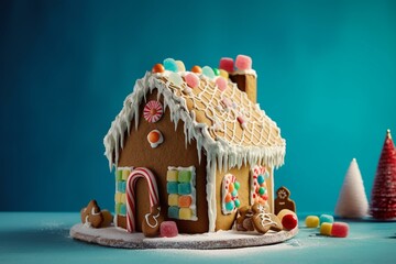 A festive gingerbread house adorned with candy and canes, sitting on a table against a blue background with a blue sky. Generative AI