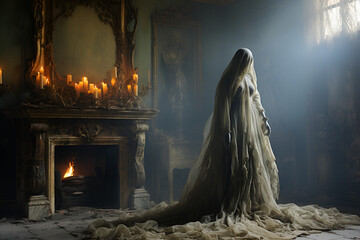 Eerie draped figure in a luxurious haunted mansion room with burning candles and ornate fireplace - obrazy, fototapety, plakaty