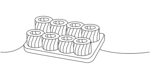Philadelphia sushi roll dish one line continuous drawing. Japanese cuisine, traditional food continuous one line illustration.