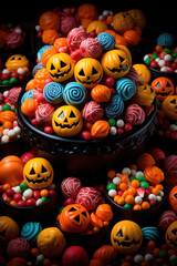 Bright illustration of candies on a colorful Halloween-style background. Generative AI