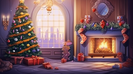 warm cozy evening in Christmas room interior design,Xmas tree decorated lights gifts, deer. ai