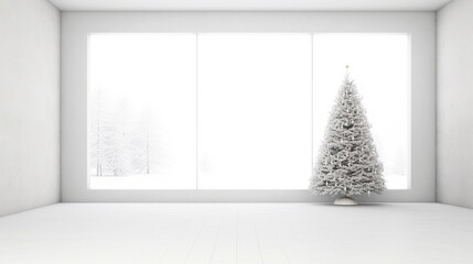 White interior with white Christmas tree and empty white wall. ai generative