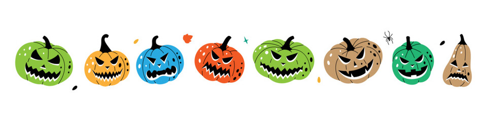 Pumpkins with scary faces set. Autumn halloween pumpkins faces. Autumn halloween vegetables. Vector illustration.