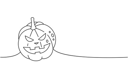 Halloween pumpkin with scary face one line continuous drawing. Halloween pumpkin, autumn vegetable continuous one line illustration.