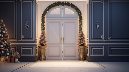 Stylish hallway interior with decorated door and Christmas gifts. ai generative
