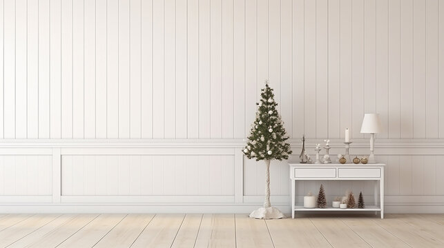 Scandinavian farmhouse hallway interior with Christmas decoration. ai generative