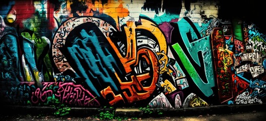 Vibrant colors come alive in this street art mural, expressing the artists creativity through a mix of text and graffiti. Full Frame,