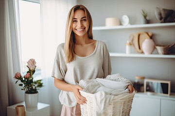 A young, cheerful housewife smiles while doing laundry, taking care of household chores with a modern washing machine.