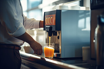 A professional waiter in a restaurant prepares a fresh orange juice using a machine in the morning.